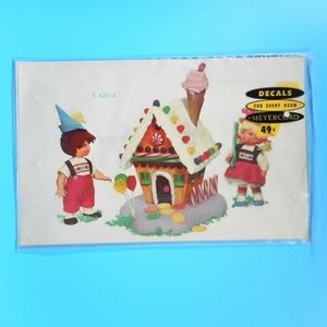 VTG 60s Meyercord Candy Gingerbread House Decal Girl Boy Christmas